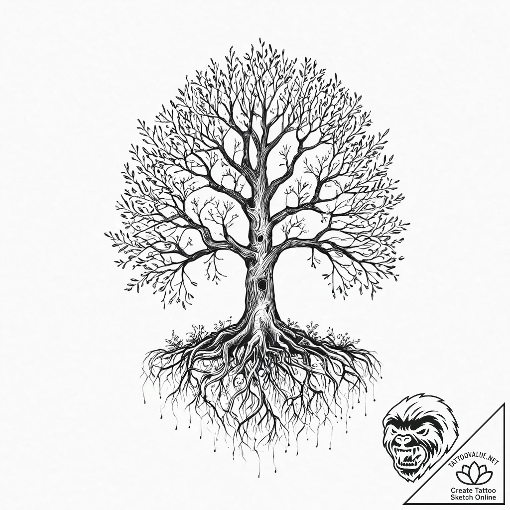 An ancient tree with glowing roots and leaves... - tattoo sketch (№1753663077_0, 28.07.2025 00:37) — tattoovalue.net