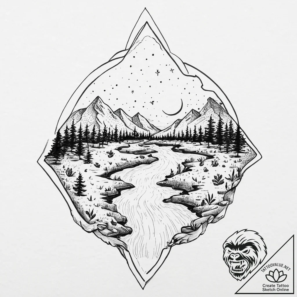 Inkwell spilling a dark river that flows into... - tattoo sketch (№1753664044_0, 28.07.2025 00:54) — tattoovalue.net