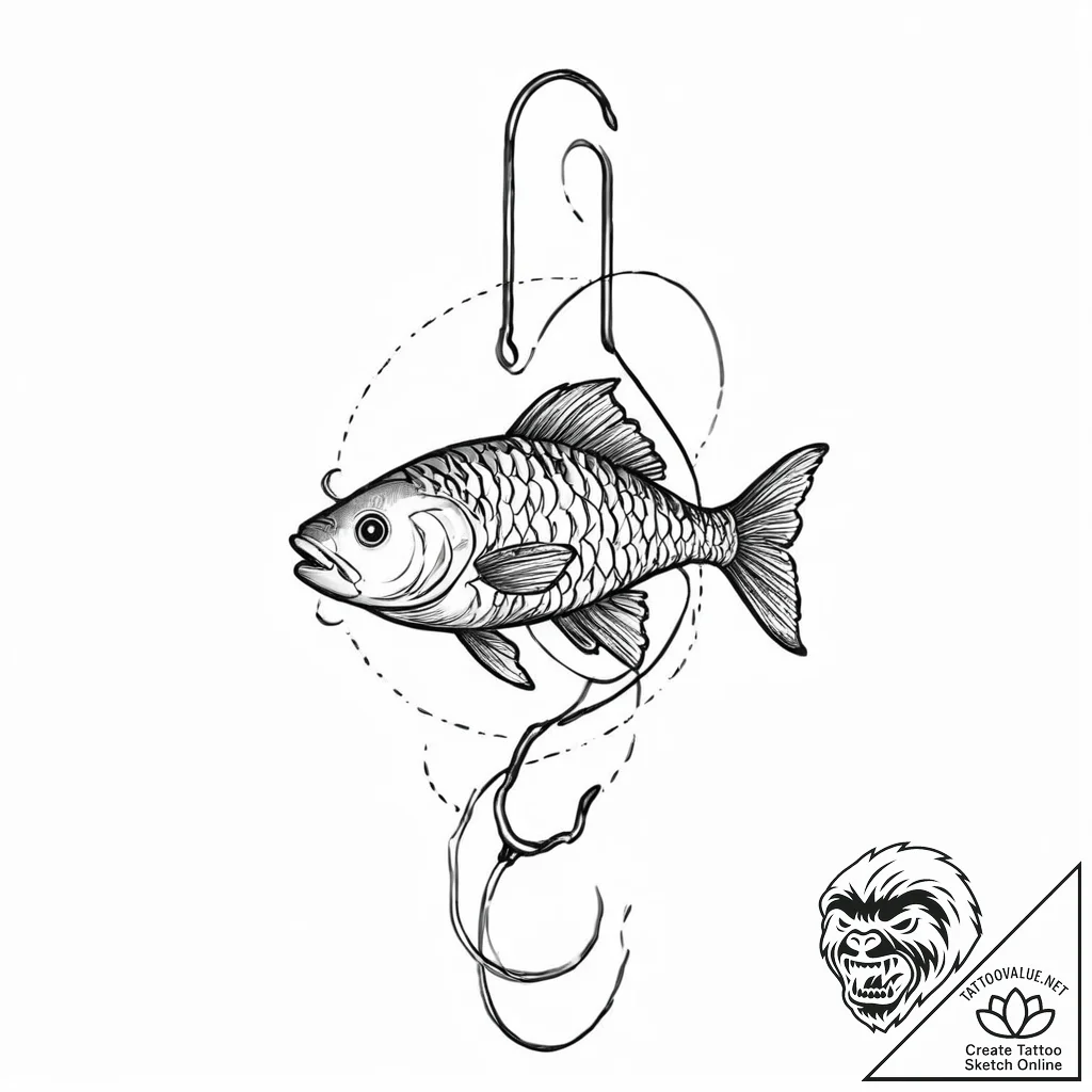 Fish hook baited with a glowing, digital lure... - tattoo sketch (№1753664621_0, 28.07.2025 01:03) — tattoovalue.net