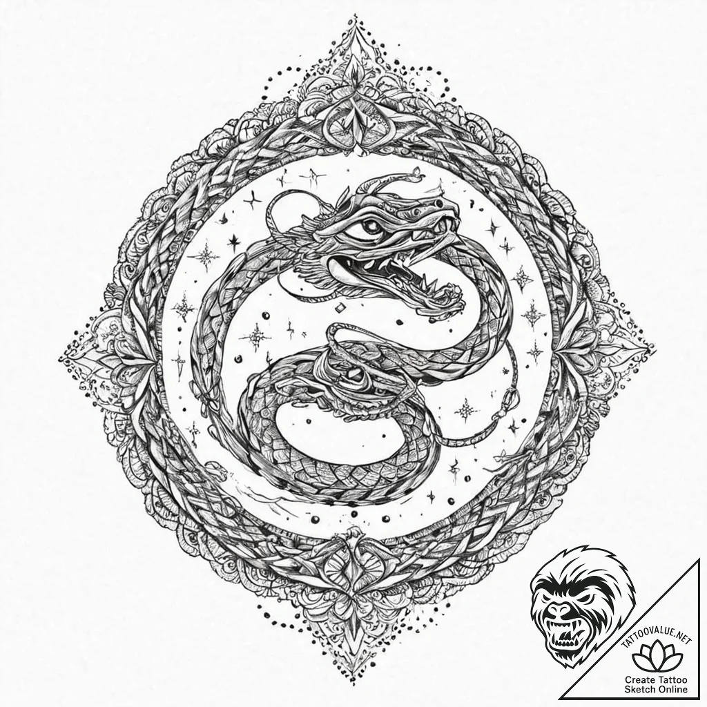 Iron serpent coiling through stars, tattoo fl... - tattoo sketch (№1753665195_0, 28.07.2025 01:13) — tattoovalue.net