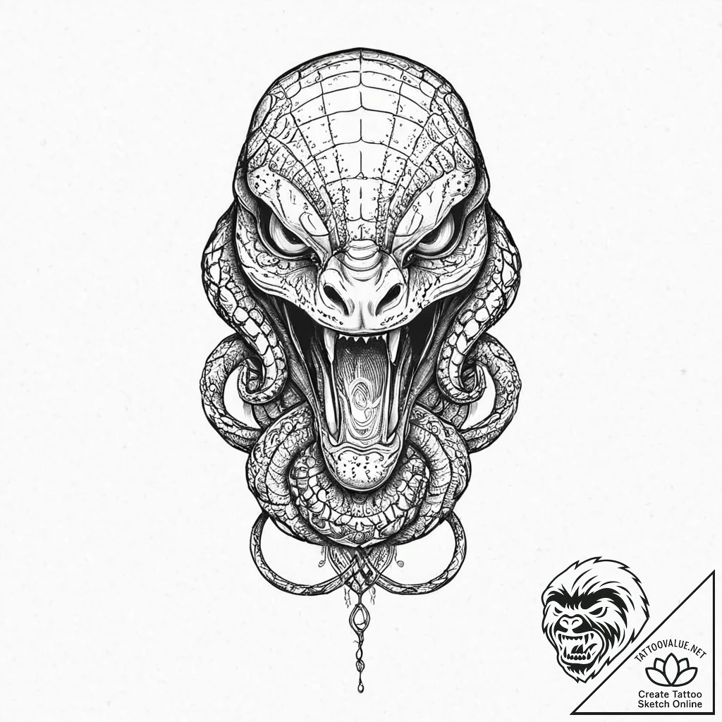 Cobra's flaring hood with an intricate, menac... - tattoo sketch (№1753666194_0, 28.07.2025 01:29) — tattoovalue.net