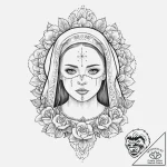 Nun, tattoo line art, chicano tattoo style, f… – tattoo sketch (№1753669612_0, 28.07.2025 02:26) — tattoovalue.net