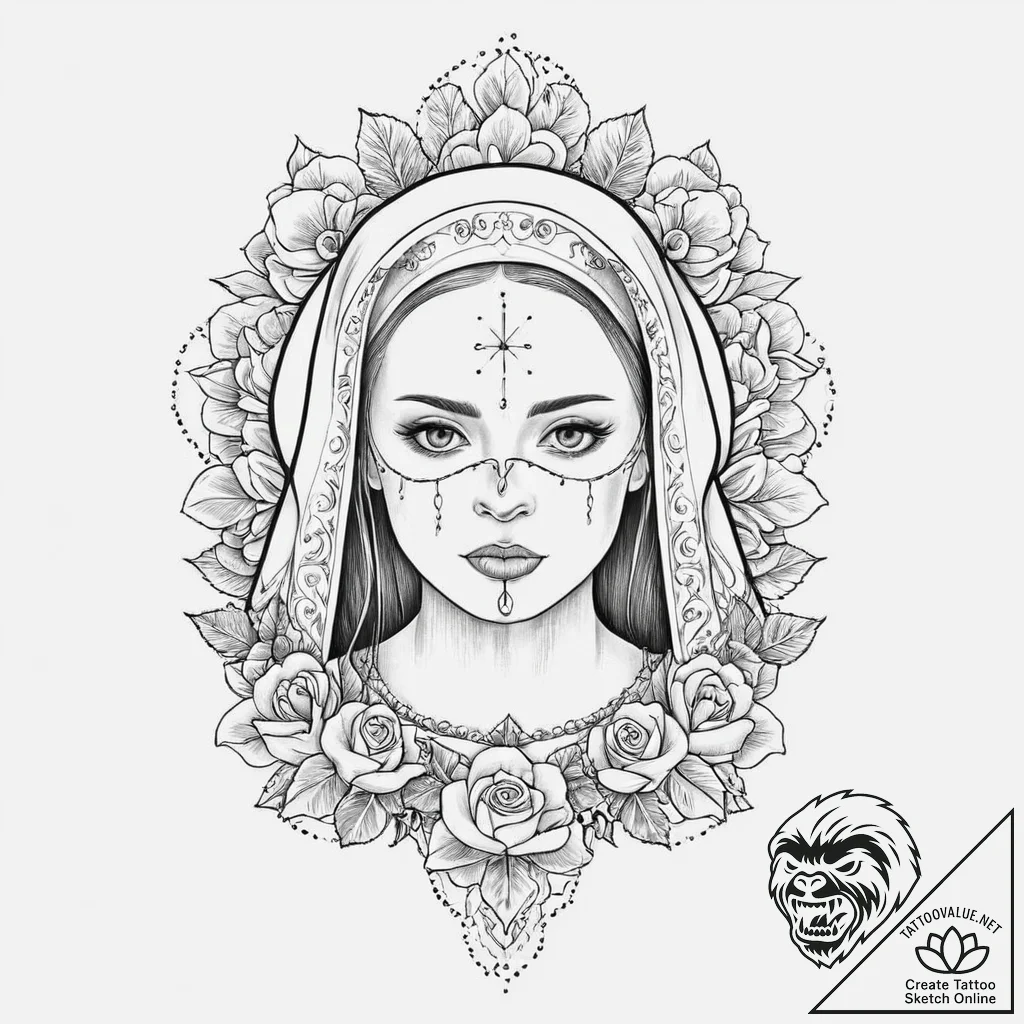 Nun, tattoo line art, chicano tattoo style, f... - tattoo sketch (№1753669612_0, 28.07.2025 02:26) — tattoovalue.net