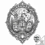 Haunted mansion silhouette on a locket, tatto… – tattoo sketch (№1753669807_0, 28.07.2025 02:30) — tattoovalue.net