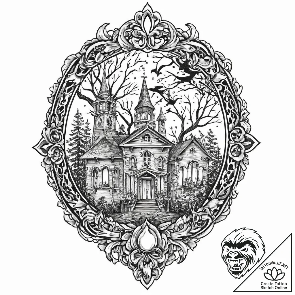 Haunted mansion silhouette on a locket, tatto... - tattoo sketch (№1753669807_0, 28.07.2025 02:30) — tattoovalue.net