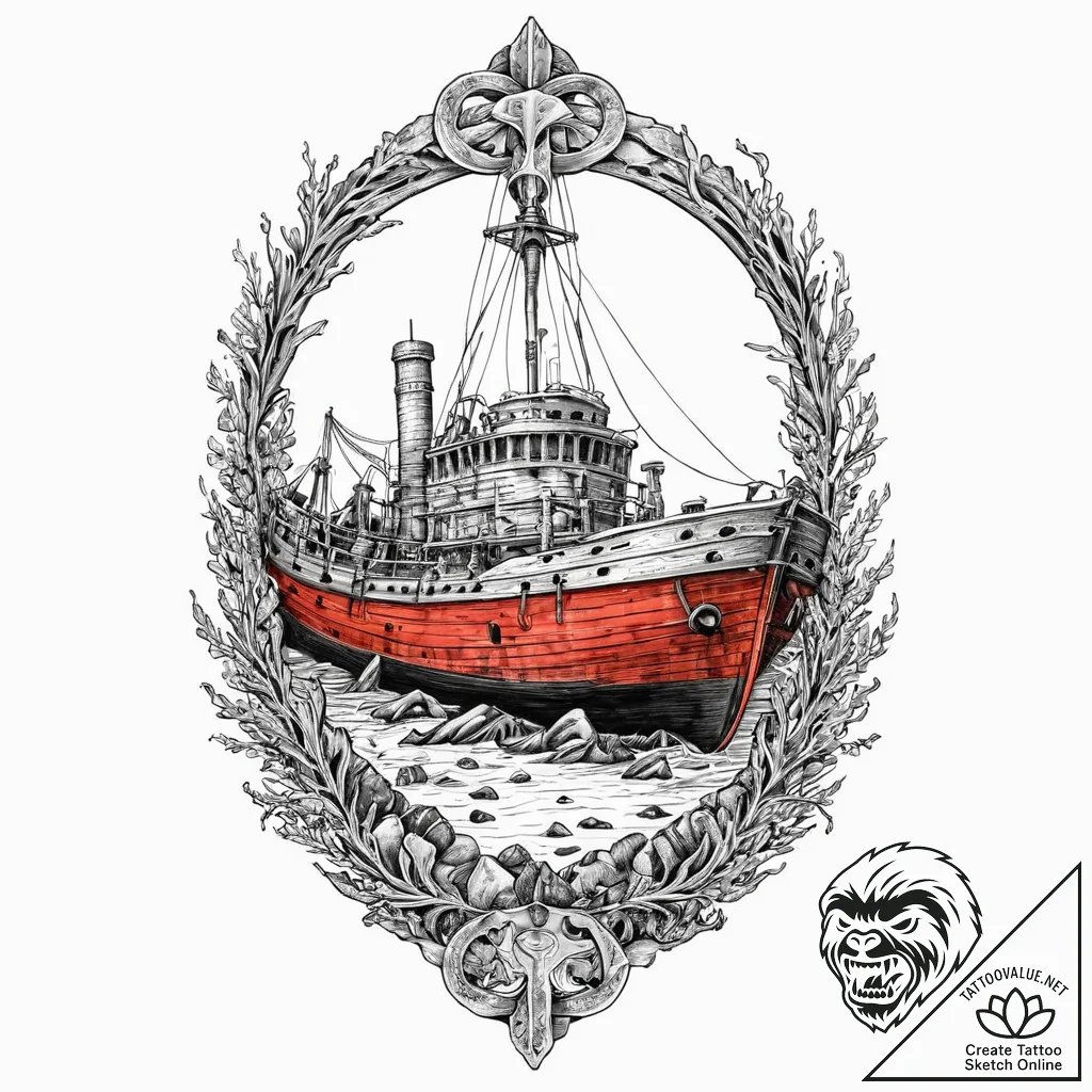Sunken ship resting on bone reef, concept art... - tattoo sketch (№1753670198_0, 28.07.2025 02:36) — tattoovalue.net