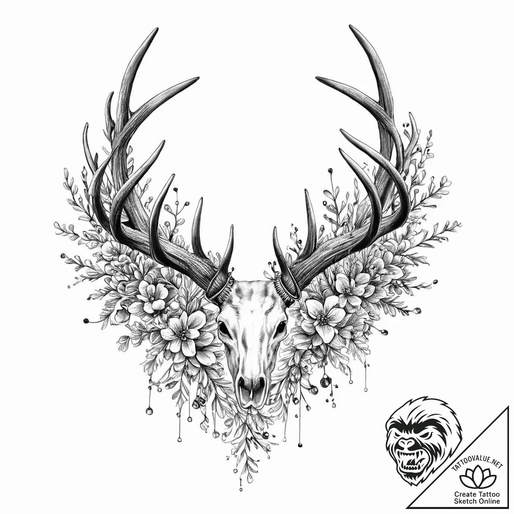 Antlers entwined with baby's breath and tiny,... - tattoo sketch (№1753670979_0, 28.07.2025 02:49) — tattoovalue.net