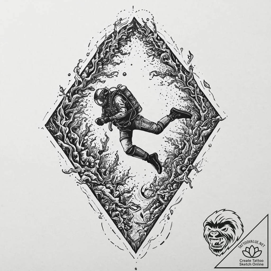 Diver descending into the abyss, pursued by a... - tattoo sketch (№1753673765_0, 28.07.2025 03:36) — tattoovalue.net