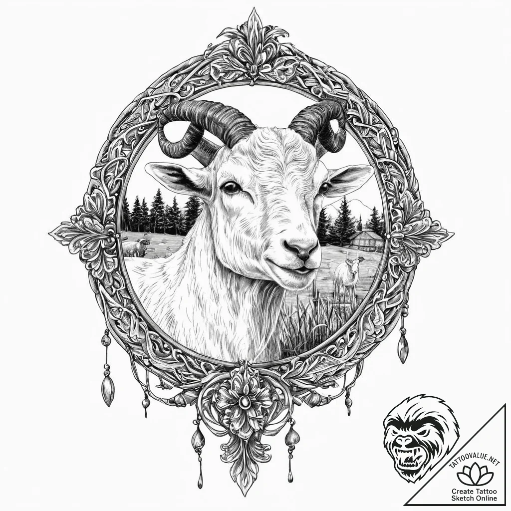 A classic bell on a goat, farm,, ink illustra... - tattoo sketch (№1753674148_0, 28.07.2025 03:42) — tattoovalue.net