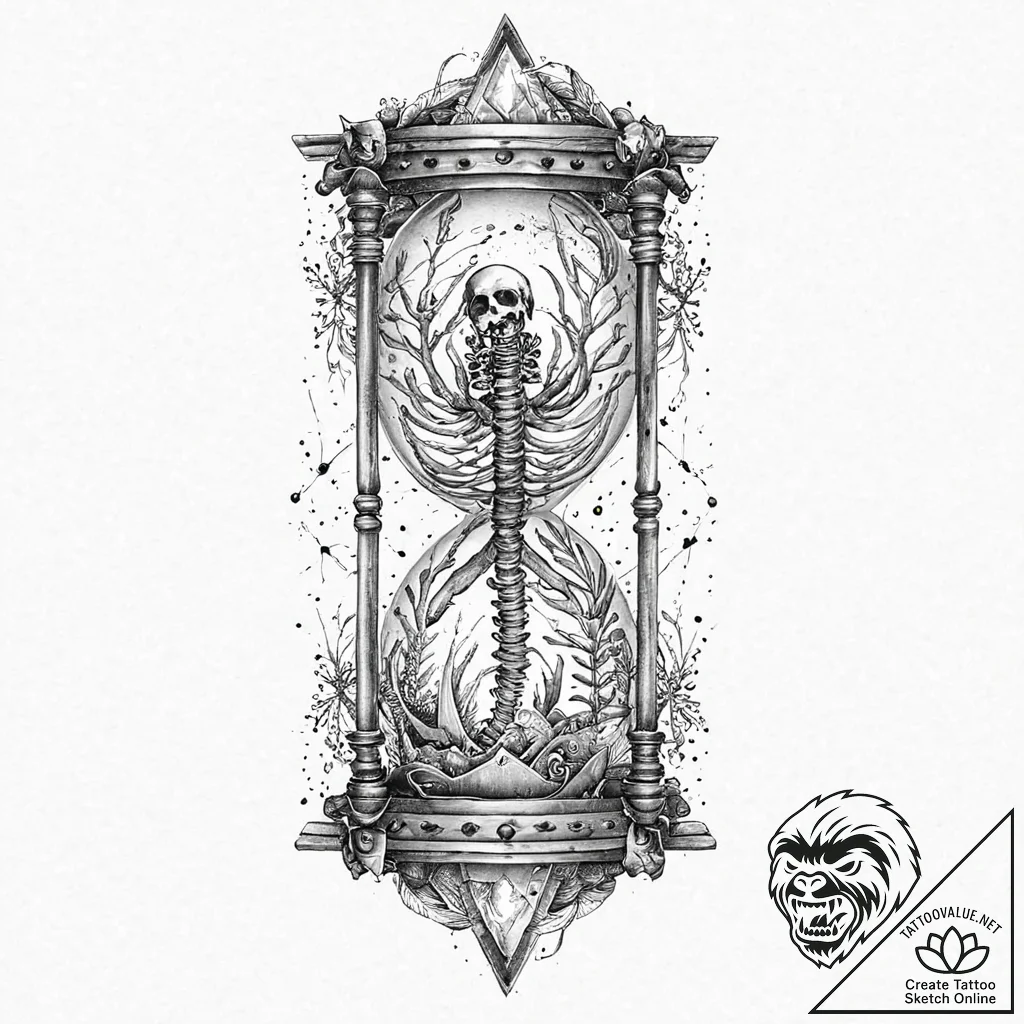 Fish skeleton swimming in an empty hourglass,... - tattoo sketch (№1753674339_0, 28.07.2025 03:45) — tattoovalue.net