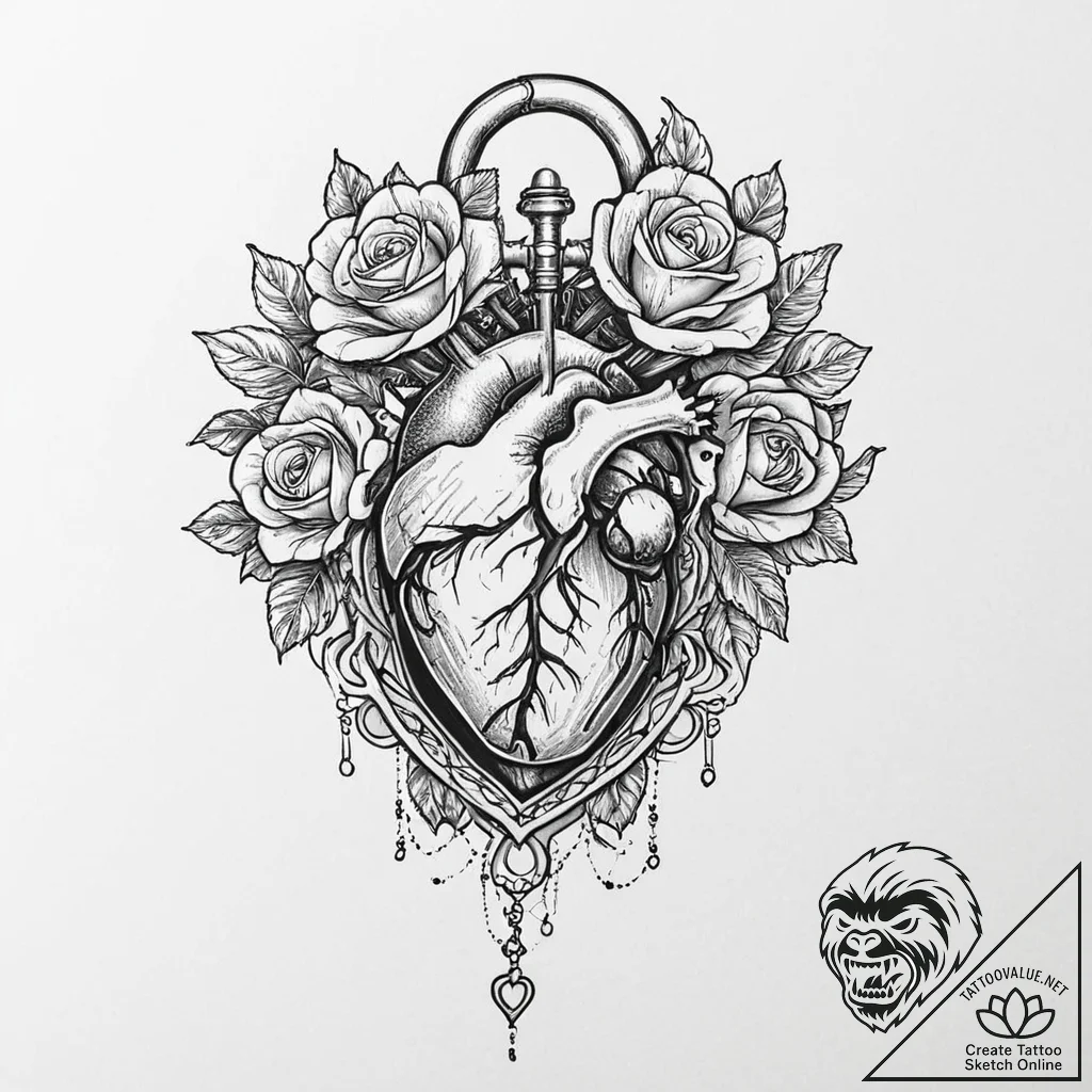 Lock made from an anatomical heart, tattoo li... - tattoo sketch (№1753675498_0, 28.07.2025 04:04) — tattoovalue.net