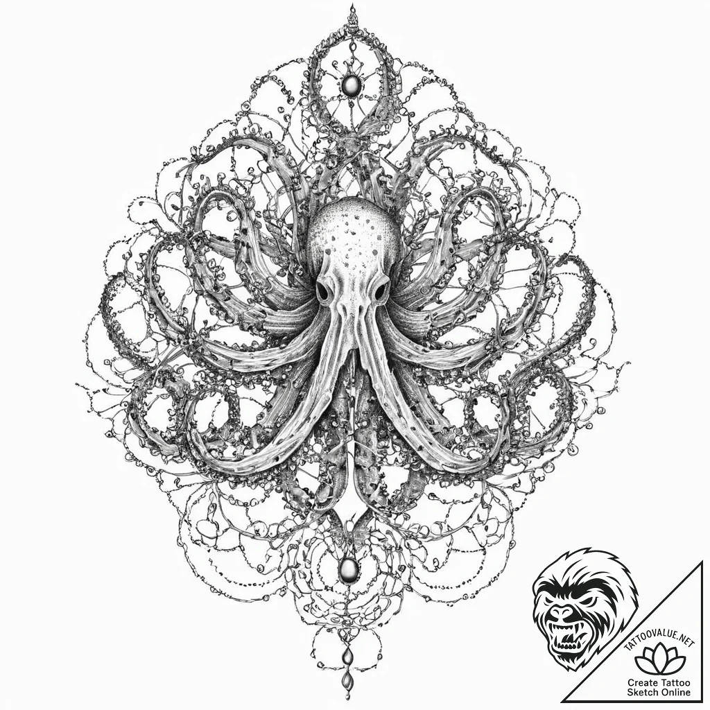 Kraken tendrils beneath spectral bloom, artis... - tattoo sketch (№1753677324_0, 28.07.2025 04:35) — tattoovalue.net