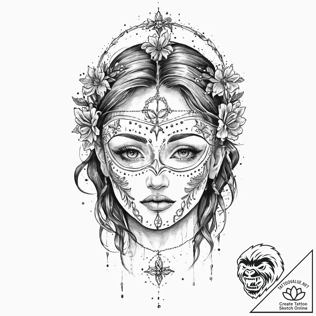 Broken halo above bleeding mask, tattoo line... - tattoo sketch (№1753677524_0, 28.07.2025 04:38) — tattoovalue.net