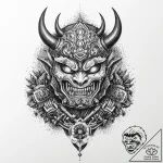 Oni (japanese demon) crushing a samurai helme… – tattoo sketch (№1753678132_0, 28.07.2025 04:48) — tattoovalue.net
