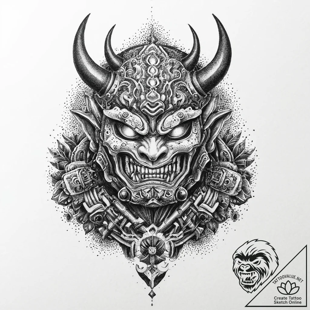 Oni (japanese demon) crushing a samurai helme... - tattoo sketch (№1753678132_0, 28.07.2025 04:48) — tattoovalue.net