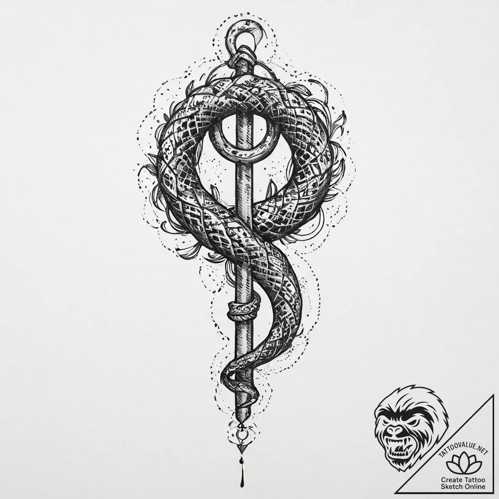 Serpent tail coiled around relic, tattoo sket... - tattoo sketch (№1753679347_0, 28.07.2025 05:09) — tattoovalue.net