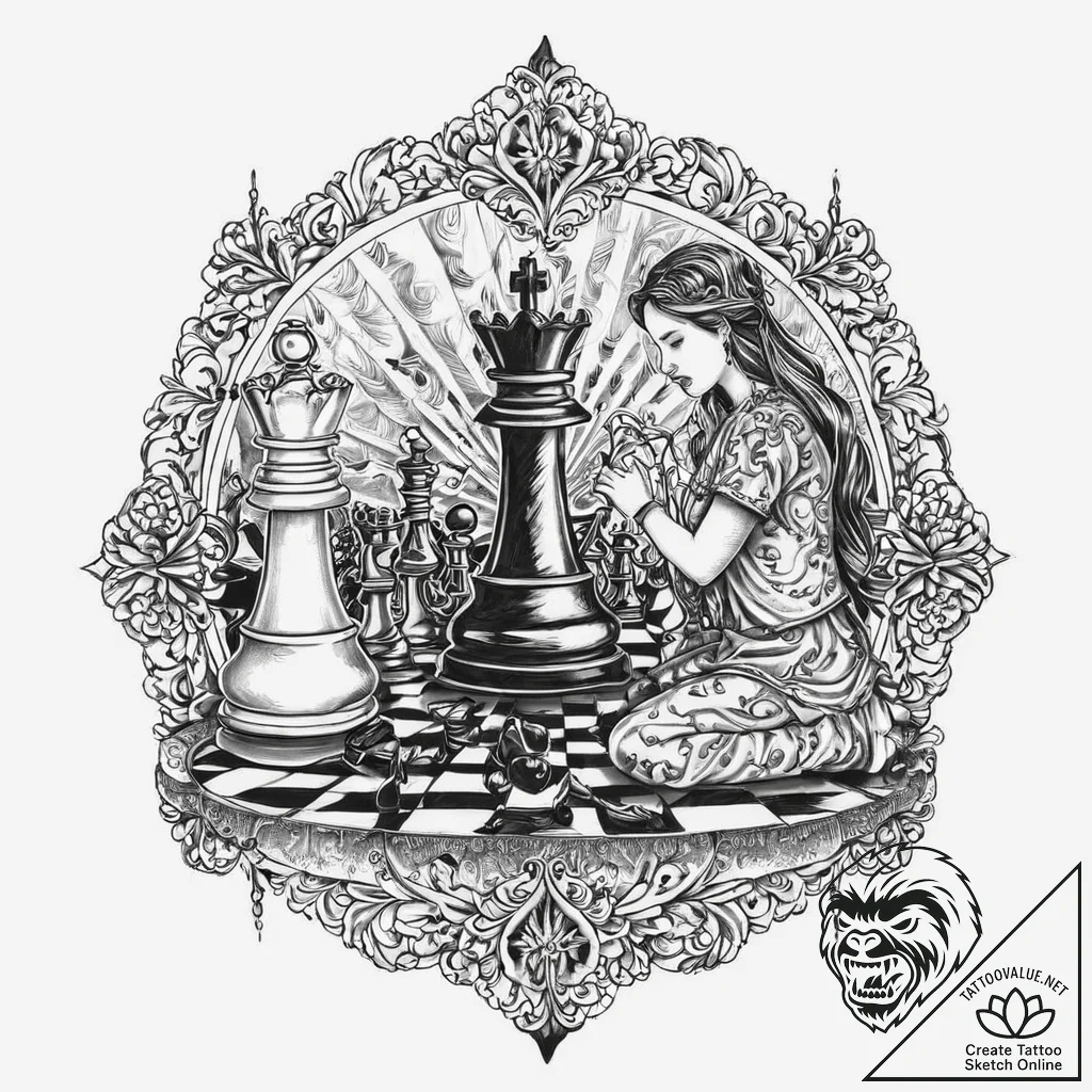 Chess king being checkmated by a ghostly hand... - tattoo sketch (№1753679542_0, 28.07.2025 05:12) — tattoovalue.net