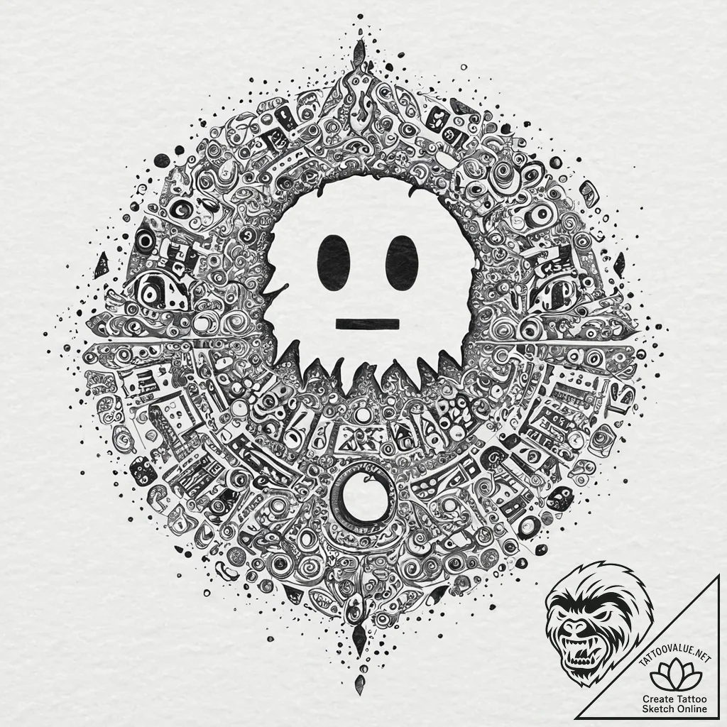 Pac-man being chased by a photorealistic ghos... - tattoo sketch (№1753679934_0, 28.07.2025 05:18) — tattoovalue.net