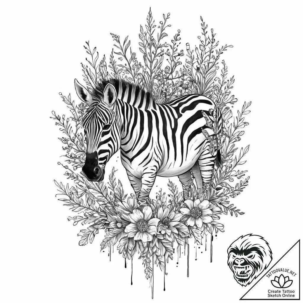 Zebra bones beneath spectral bloom, ink illus... - tattoo sketch (№1753680925_0, 28.07.2025 05:35) — tattoovalue.net