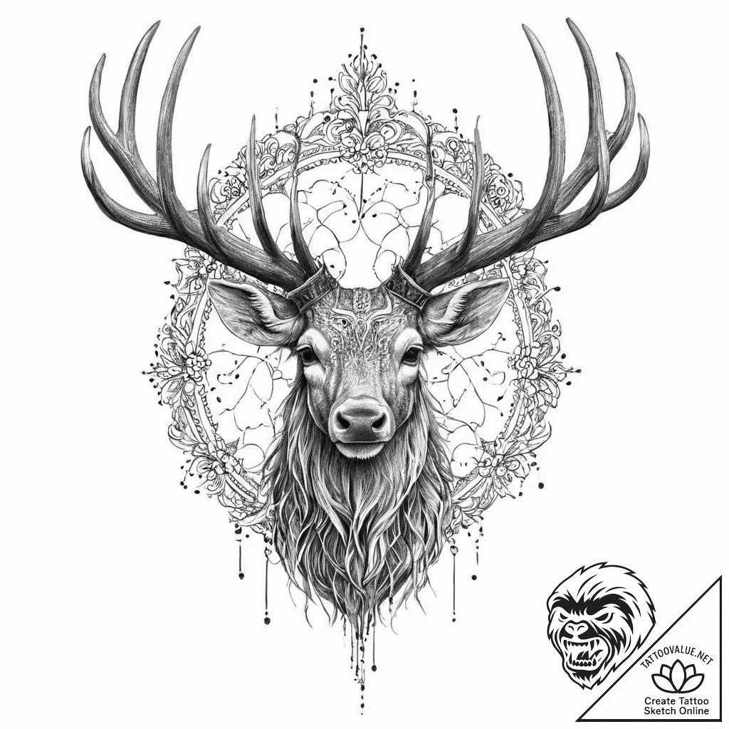 Crimson stag with molten antlers, ink illustr... - tattoo sketch (№1753682731_0, 28.07.2025 06:05) — tattoovalue.net