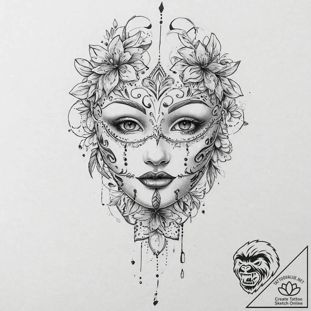 Mask with hollow gaze, tattoo flash sheet des... - tattoo sketch (№1753683547_0, 28.07.2025 06:19) — tattoovalue.net