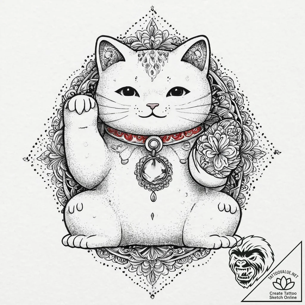 Maneki-neko (lucky cat) holding a crystal ins... - tattoo sketch (№1753683744_0, 28.07.2025 06:22) — tattoovalue.net