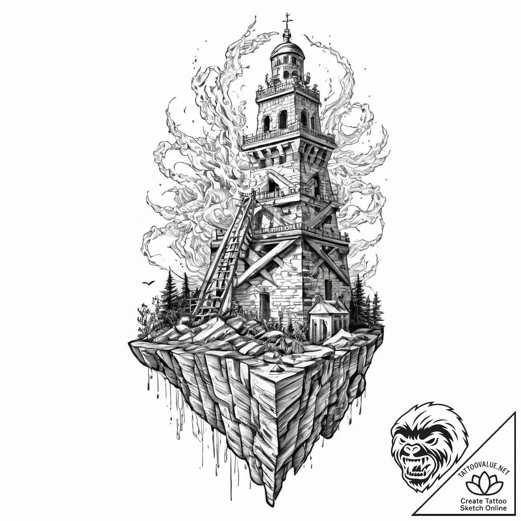 Tower of babel, unfinished and crumbling, tat... - tattoo sketch (№1753683941_0, 28.07.2025 06:25) — tattoovalue.net