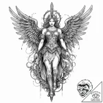 Angel warrior standing over battlefield, ink… – tattoo sketch (№1753684915_0, 28.07.2025 06:41) — tattoovalue.net
