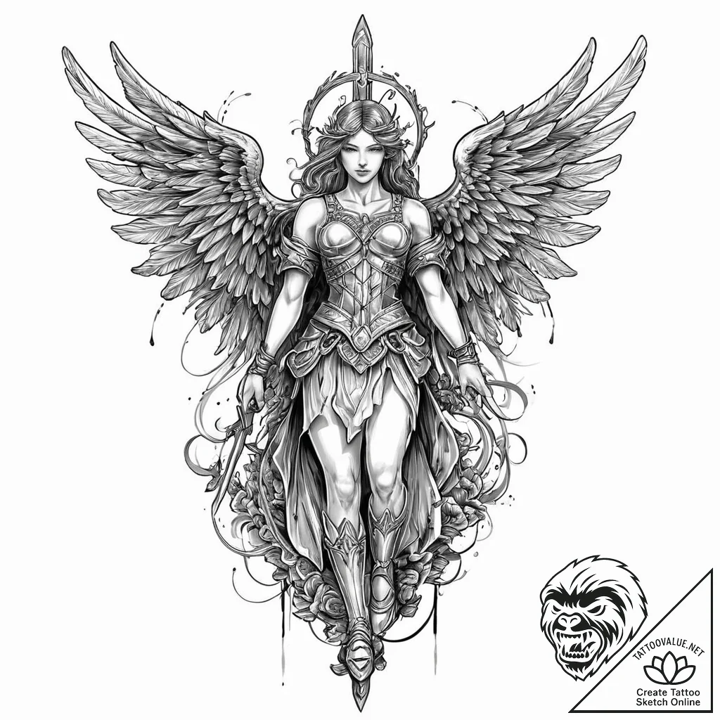 Angel warrior standing over battlefield, ink... - tattoo sketch (№1753684915_0, 28.07.2025 06:41) — tattoovalue.net
