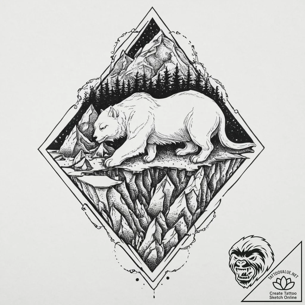 Crystal cavern with a sleeping beast inside,... - tattoo sketch (№1753687128_0, 28.07.2025 07:18) — tattoovalue.net