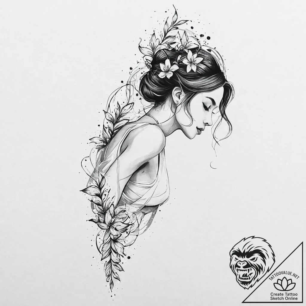 Jasmine vine climbing up a woman's spine, tat... - tattoo sketch (№1753688271_0, 28.07.2025 07:37) — tattoovalue.net