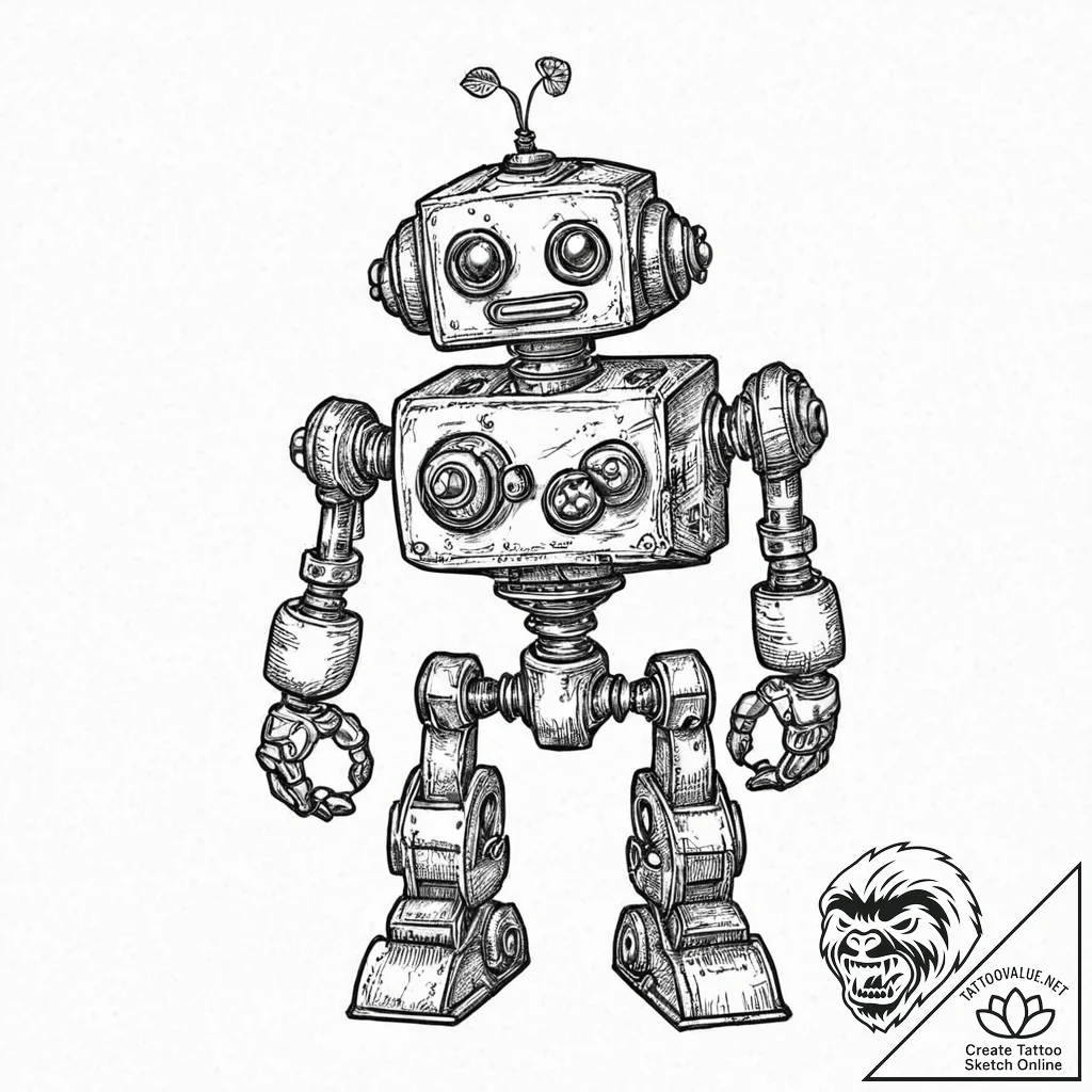 Junk-built robot holding a single, living spr... - tattoo sketch (№1753688660_0, 28.07.2025 07:44) — tattoovalue.net