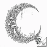 Mushroom spores beneath crescent moon, concep… – tattoo sketch (№1753689436_0, 28.07.2025 07:57) — tattoovalue.net