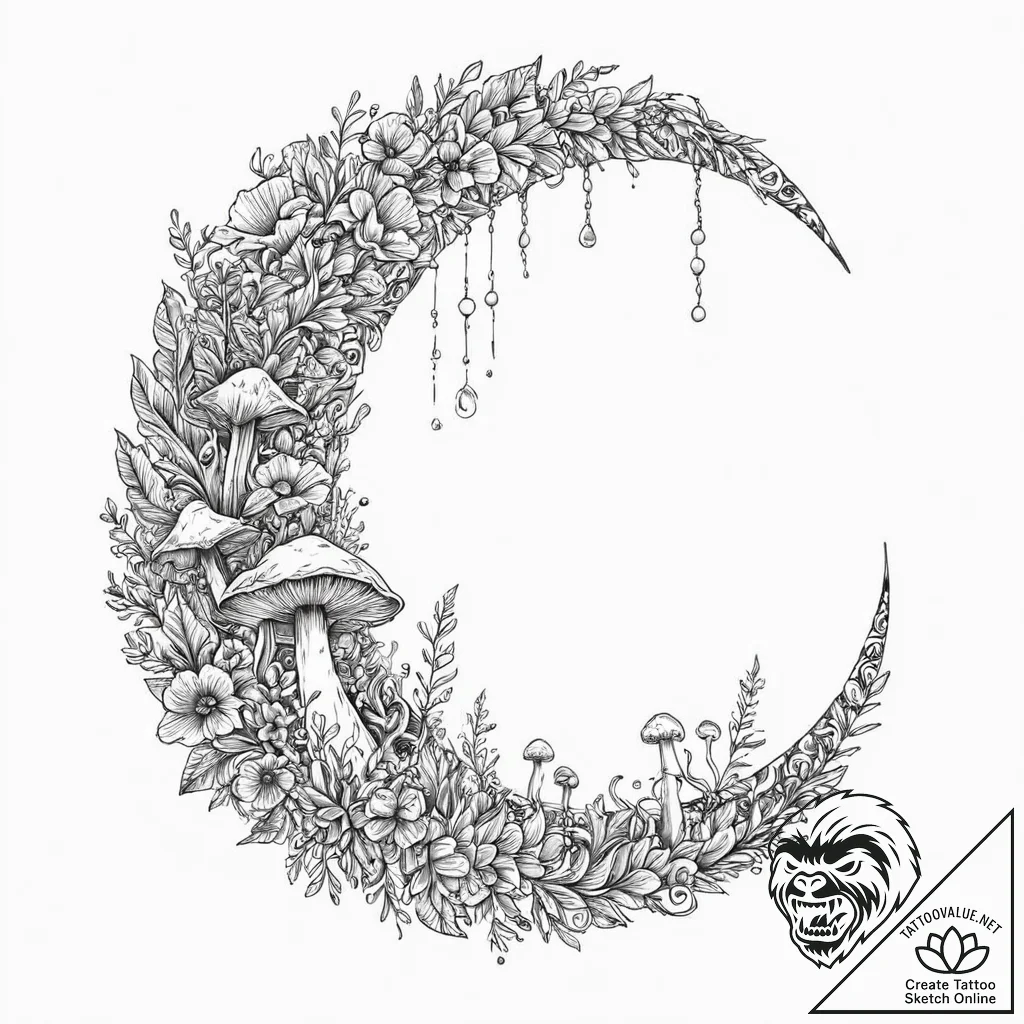 Mushroom spores beneath crescent moon, concep... - tattoo sketch (№1753689436_0, 28.07.2025 07:57) — tattoovalue.net