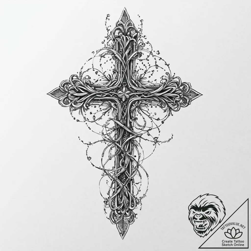 Frosted relic beneath iron vines, concept art... - tattoo sketch (№1753689820_0, 28.07.2025 08:03) — tattoovalue.net