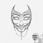Opera mask with skeletal smile, artistic tatt… – tattoo sketch (№1753690021_0, 28.07.2025 08:07) — tattoovalue.net
