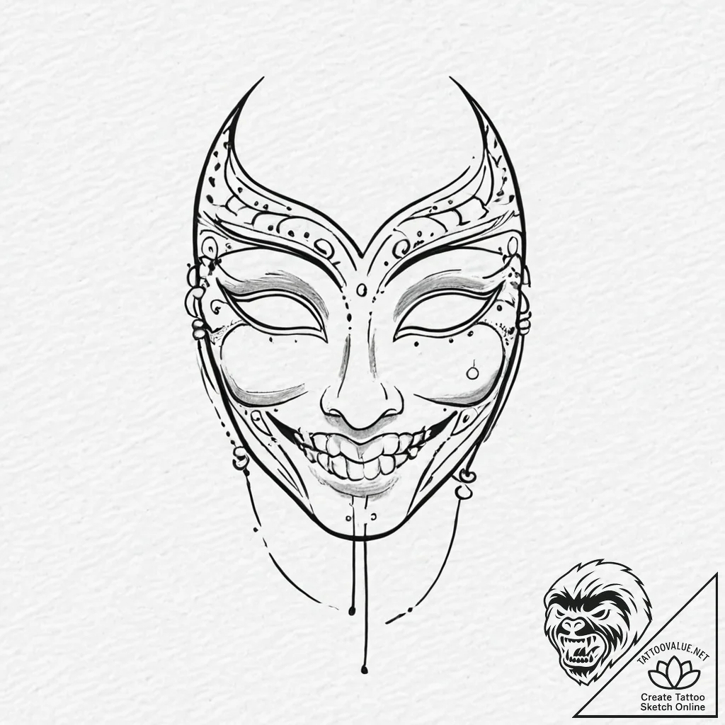 Opera mask with skeletal smile, artistic tatt... - tattoo sketch (№1753690021_0, 28.07.2025 08:07) — tattoovalue.net