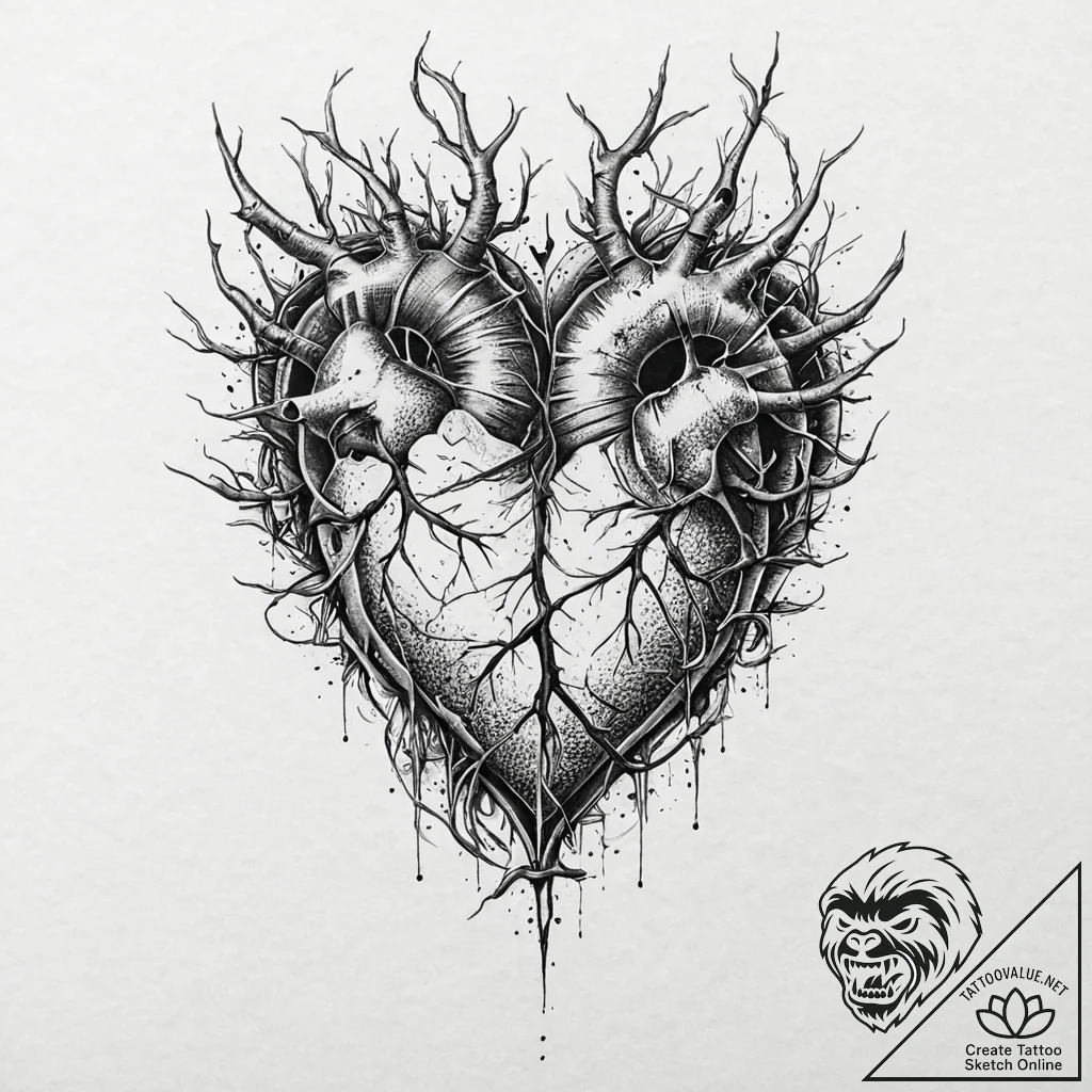 Engraved heart pierced by thorns, tattoo flas... - tattoo sketch (№1753690838_0, 28.07.2025 08:20) — tattoovalue.net