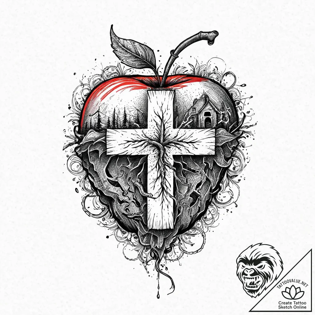 Rotted apple with a worm crawling through it,... - tattoo sketch (№1753691032_0, 28.07.2025 08:23) — tattoovalue.net