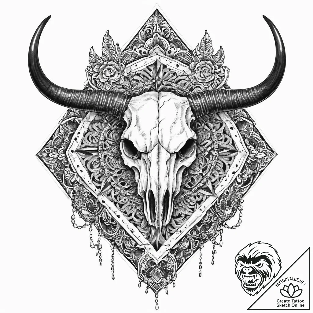 Ox skull resting on ritual altar, tattoo sket... - tattoo sketch (№1753691226_0, 28.07.2025 08:27) — tattoovalue.net