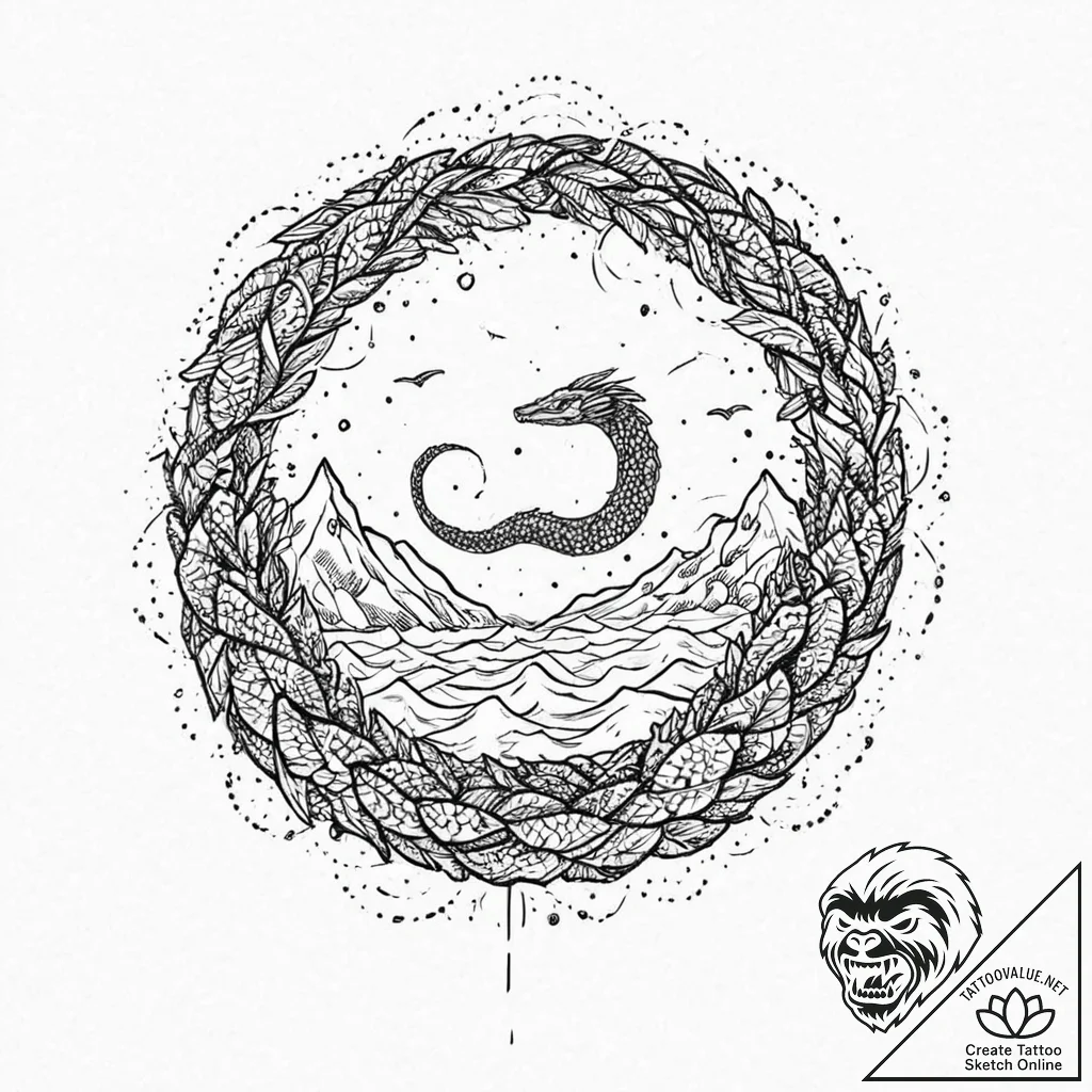 Ocean serpent coiling through wreckage, tatto... - tattoo sketch (№1753691421_0, 28.07.2025 08:30) — tattoovalue.net