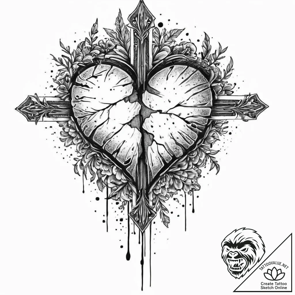 A detailed broken heart with tears, sorrow,,... - tattoo sketch (№1753692971_0, 28.07.2025 08:56) — tattoovalue.net