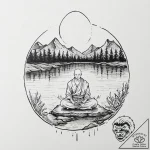 Monk in meditation, levitating over a calm la… – tattoo sketch (№1753693364_0, 28.07.2025 09:02) — tattoovalue.net