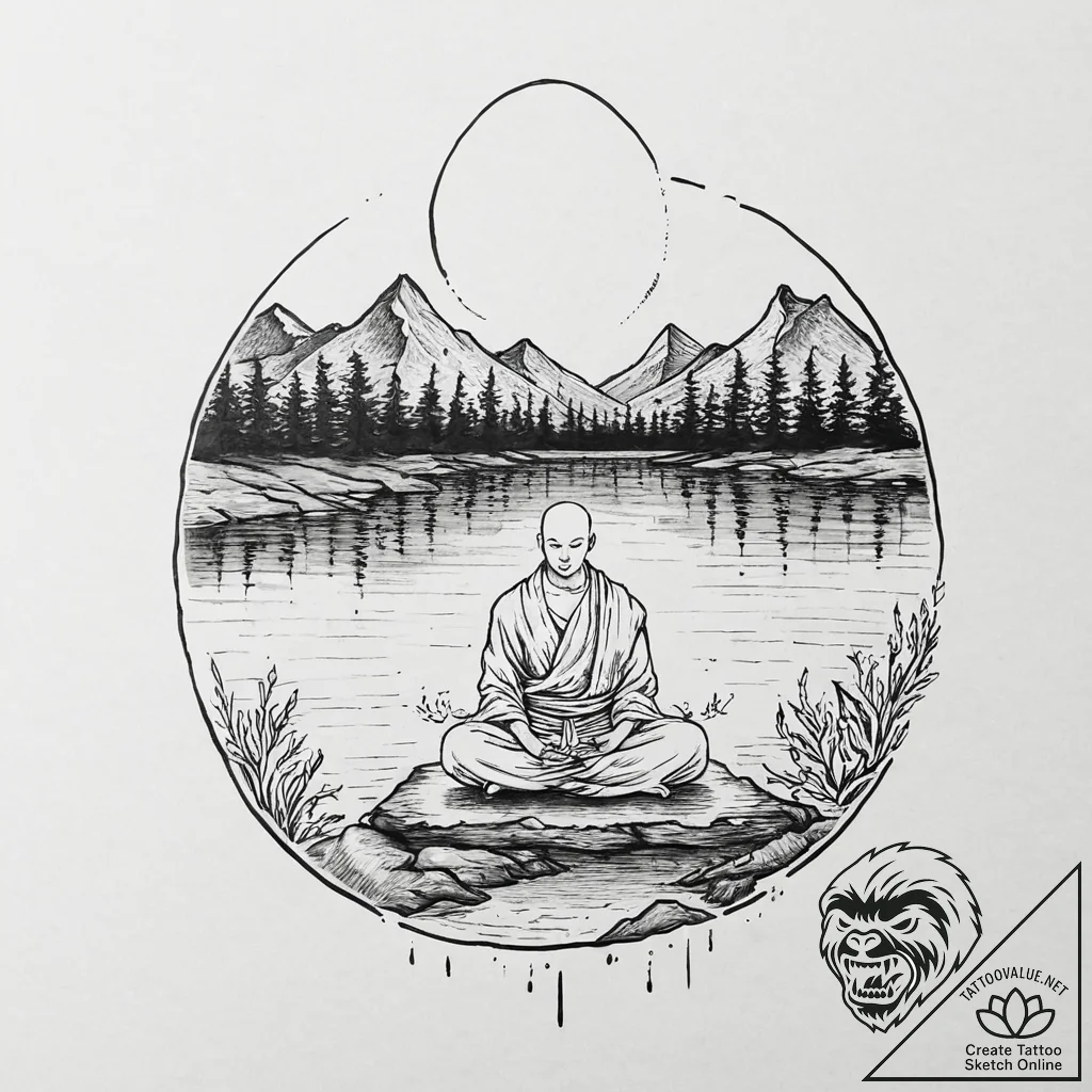 Monk in meditation, levitating over a calm la... - tattoo sketch (№1753693364_0, 28.07.2025 09:02) — tattoovalue.net