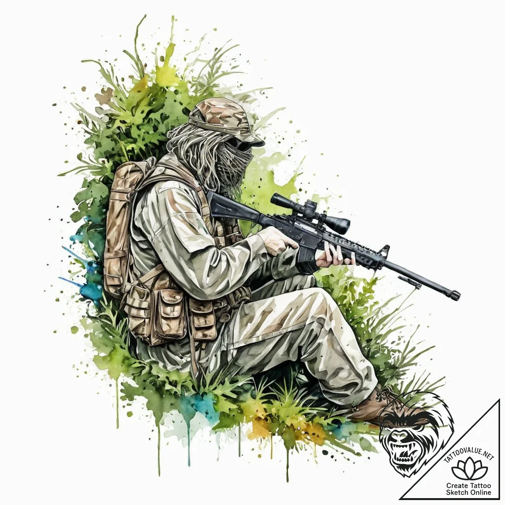 Sniper in a ghillie suit, almost invisible in... - tattoo sketch (№1753694771_0, 28.07.2025 09:26) — tattoovalue.net