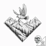 A whimsical bird flying over mountains, freed… – tattoo sketch (№1753695160_0, 28.07.2025 09:32) — tattoovalue.net
