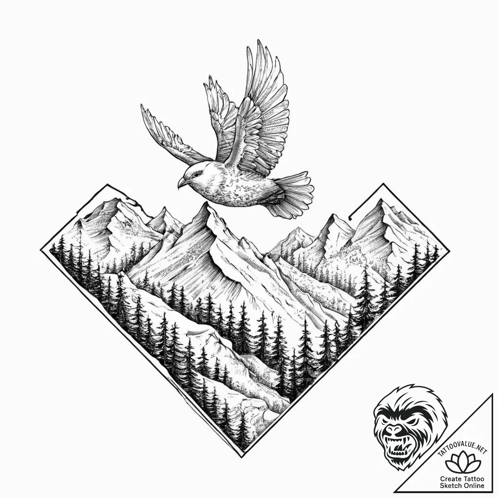 A whimsical bird flying over mountains, freed... - tattoo sketch (№1753695160_0, 28.07.2025 09:32) — tattoovalue.net