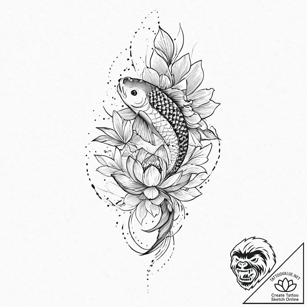 Koi fish circling blooming lotus, tattoo line... - tattoo sketch (№1753696540_0, 28.07.2025 09:55) — tattoovalue.net