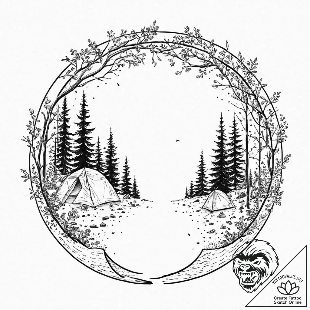 Doorway in a forest opening to a cosmic scene... - tattoo sketch (№1753697115_0, 28.07.2025 10:05) — tattoovalue.net