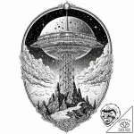 Space elevator ascending into a stormy, orbit… – tattoo sketch (№1753697320_0, 28.07.2025 10:08) — tattoovalue.net